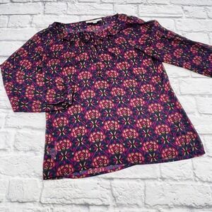 LOFT Womens XS Floral Ruffle Tie Neck Blouse Navy Pink Long Sleeve Top Casual